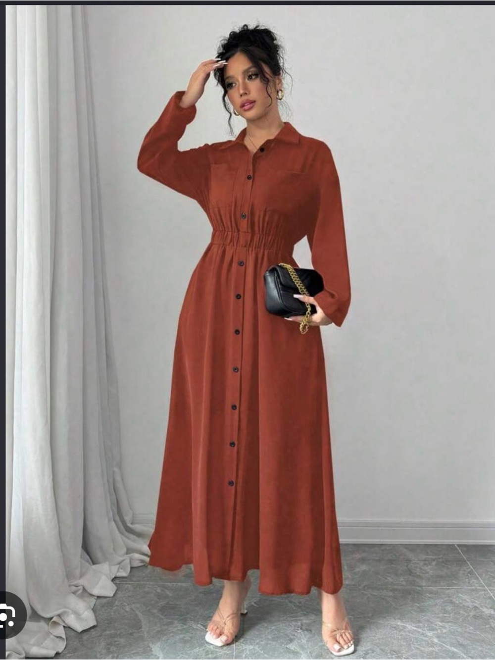 SHEIN Rust Button-Front Long Sleeve Maxi Shirt Dress